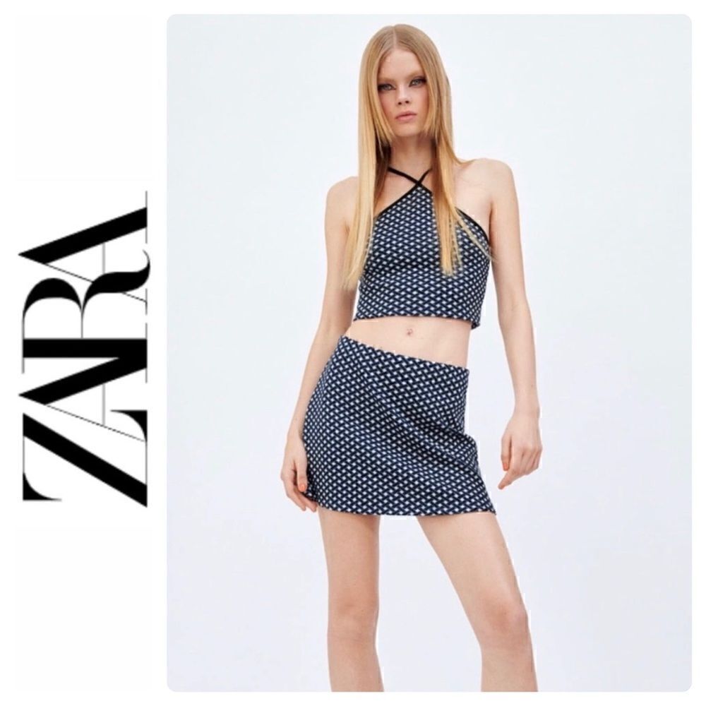 NWOT Zara Navy Blue & White Jacquard A-Line Knit Mini Skirt,  Size M-L